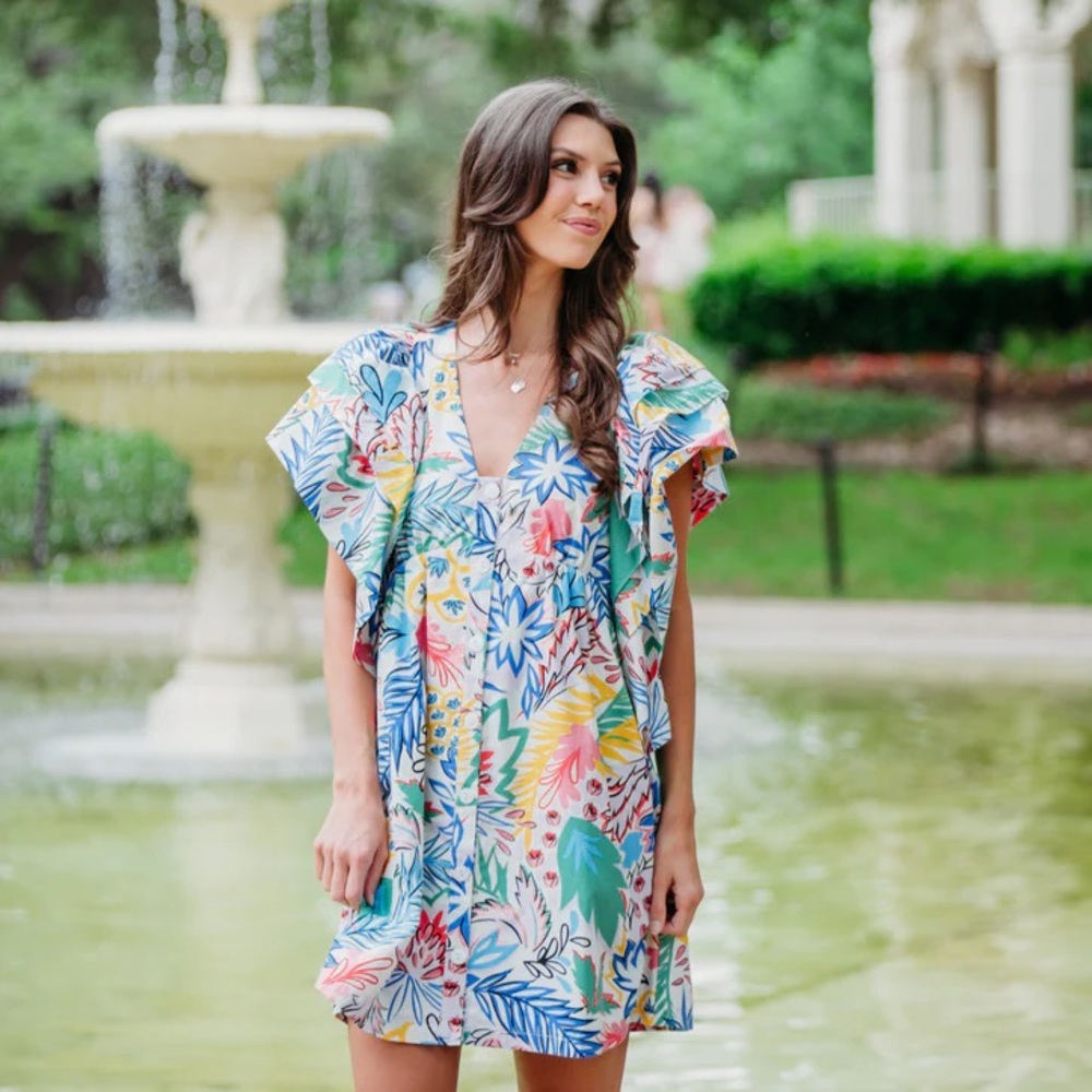 KARLIE CLOTHES
Multi Palm Vneck Ruffle Dress Size Small NWT